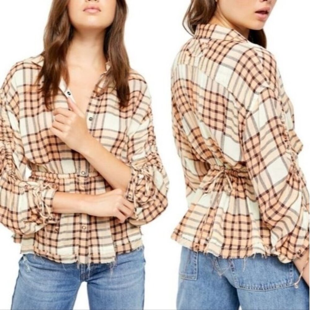 Free People Plaid Shirt Womens Size Medium Ruche Long Sleeve Button Down Blouse
